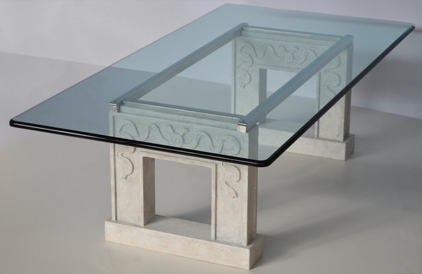 Rectangular Crystal Glass Top And Carved Stone Base Coffee Table With A Steel Frame From Cupioli For Sale At Pamono