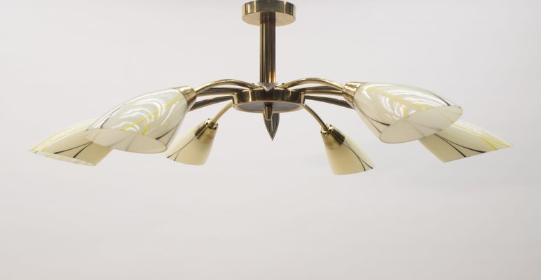Glass 6 Arm Sputnik Ceiling Lamp 1950s, 6 Arm Ceiling Light Brass