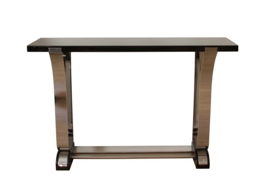 Art Deco Style Black Lacquer And Curved, Stainless Steel Console Table Legs