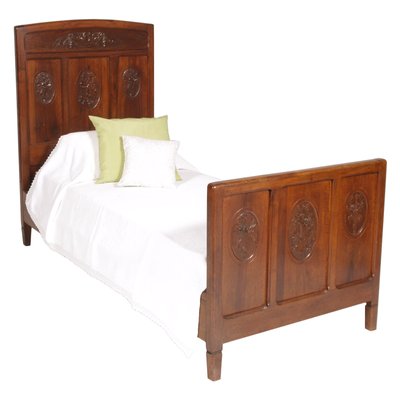 Art Nouveau Carved Walnut Twin Beds, Antique Wood Twin Bed