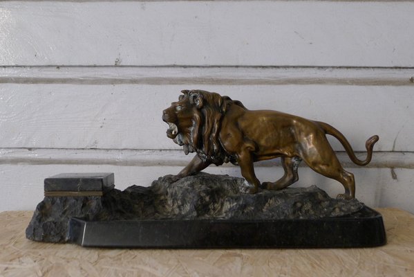 Antique Desk Set With Inkwell Bronze Lion On Granite Base For