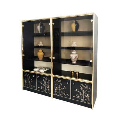 Vintage Hollywood Regency Gold And Black Display Cabinets 1970s