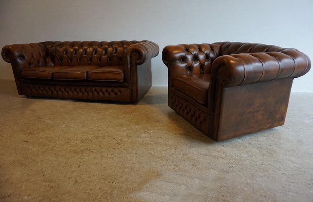 Vintage English 3 Seater Chesterfield Sofa And Armchair Set 1980s English 3 Seater Chesterfield Sofa