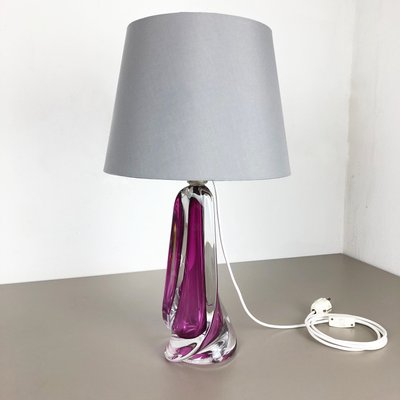 Large Mid Century Belgian Crystal Glass, Plum Coloured Table Lamps