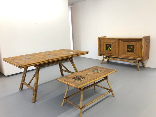 Mid Century Rattan Melamine And Tiled Sideboard Table Coffee Set By Adrien Audoux Frida Minet 1950s For At Pamono - Coffee Table Sideboard Set Mid Century Rattan Melamine And Tiled Sideboard Table Coffee Set By Adrien Audoux Frida Minet 1950s For At Pamono - Coffee Table Sideboard Set