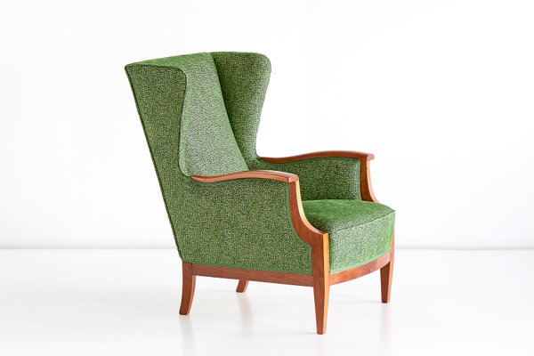 Mahogany Fabric Wingback Armchair by Frits Henningsen 1930s