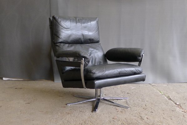 Vintage Black Leather Lounge Chair and Ottoman Set by Arne Norell for Vatne Lenestolfabrikk 1960s