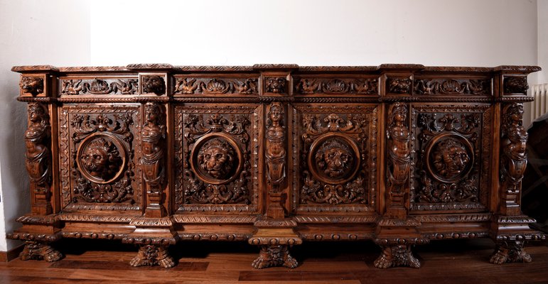 Antique Italian Carved Sculpted Walnut Sideboard 1800s for sale at Pamono