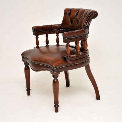 Victorian Style Leather And Mahogany Captains Desk Chair 1960s