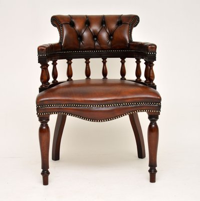 Victorian Style Leather And Mahogany Captains Desk Chair 1960s