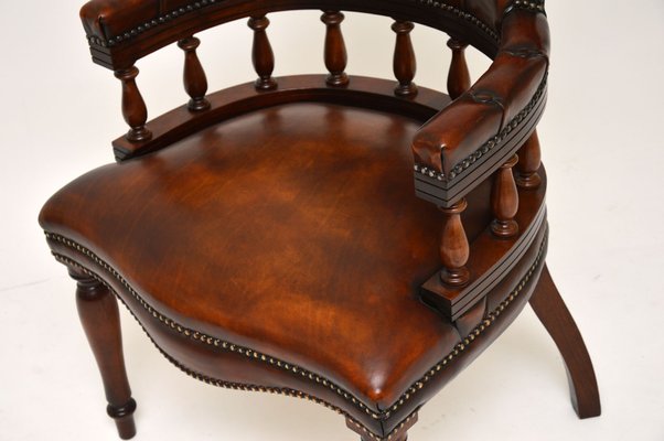 Victorian Style Leather And Mahogany Captains Desk Chair 1960s