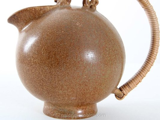 Scandinavian Pottery Pitcher with Rattan Handle attributed to Arne