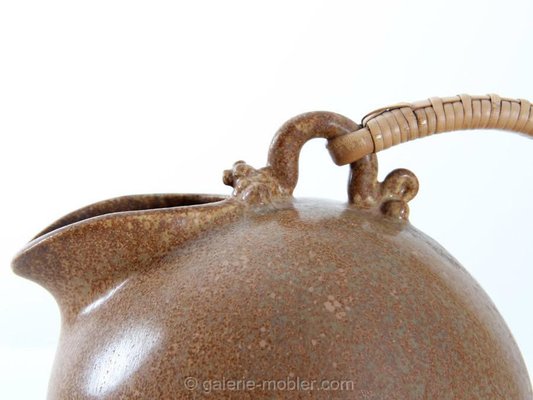 Scandinavian Pottery Pitcher with Rattan Handle attributed to Arne