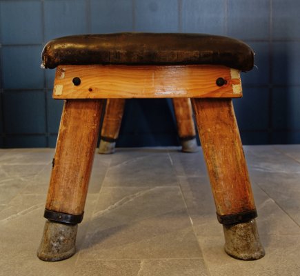 Vintage Leather Wood Gymnastic Bench, Vintage Wood Vanity Bench