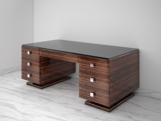 Bureau Style Art Deco En Macassar Et Plateau En Verre Noir En Vente Sur Pamono