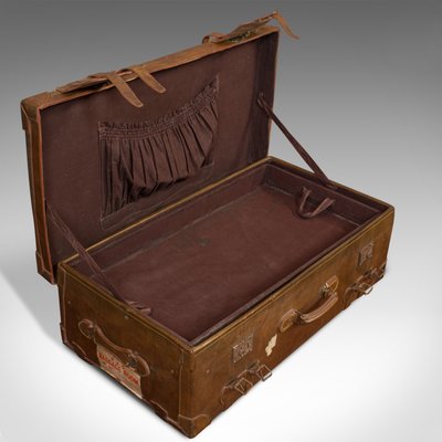 rare antique 19th century leather wood nickel child's travel suitcase trunk  1800