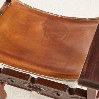 Vintage Hungarian Handcrafted Folk art Rustic Oak and Leather Dining Chairs