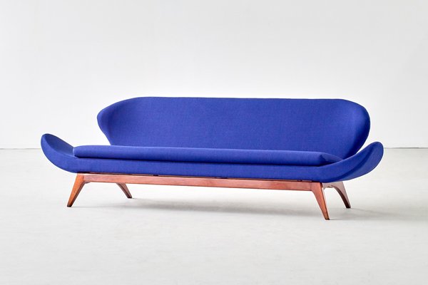 Blue Raf Simons Fabric Walnut Sofa by Luigi Tiengo for Cimon 1963 for sale at Pamono