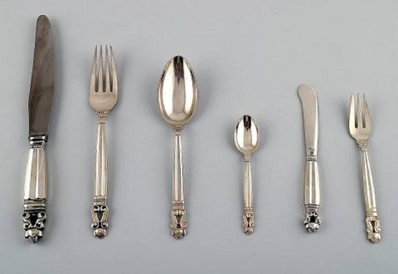 Antique Georg Jensen Sterling Silver Acorn Dinner Cutlery Set of 24