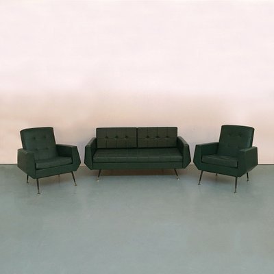 Italian Green Faux Leather And Metal Sofa Bed And Armchairs Set 1950s Set Of 3 For Sale At Pamono