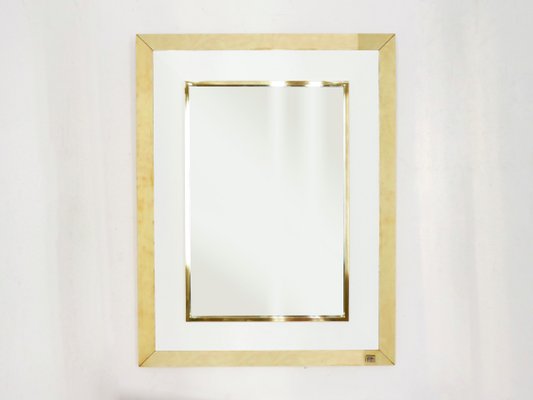White Lacquer Brass Mirror by Jean Claude Mahey for Maison Rom o 1970s