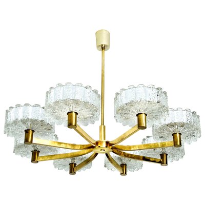 1 of 2 Large Murano Ice Glass and Brass Chandelier by Kalmar 1 of 2 Large Murano Ice Glass and Brass Chandelier by Kalmar