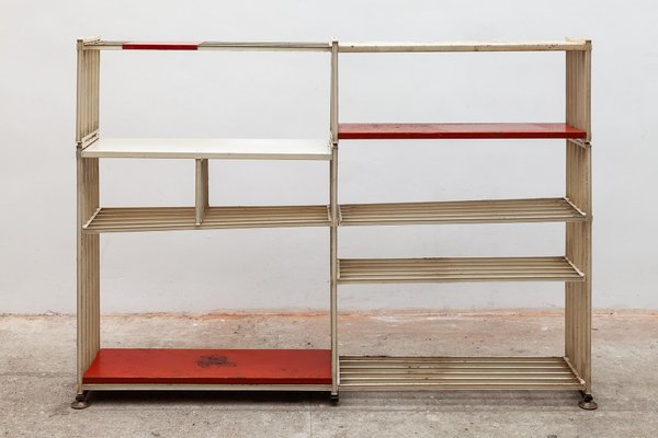 Minimalist Free Standing Wire Bookshelf, Red Metal Glass Shelves