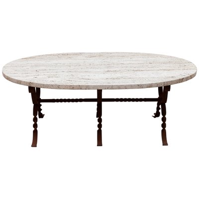 Brutalist Wrought Iron Travertine Oval Top Coffee Table 1960s for