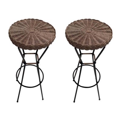 French Rattan Barstools With Black Metal Frames 1960s Set Of 2 French Rattan Barstools With Black
