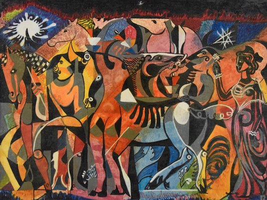 Mid-Century Watercolor Painting Circus Scene With Horses By Louis Giraud, 1960S For Sale At Pamono