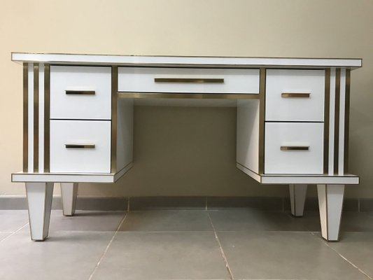 White Glass Mirrored Desk With Brass By Zenza Art Deco For