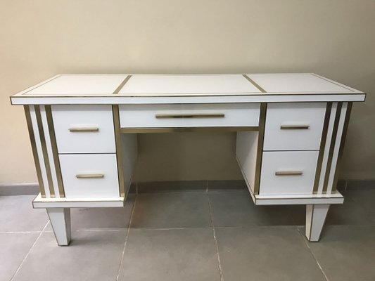 White Glass Mirrored Desk With Brass By Zenza Art Deco For