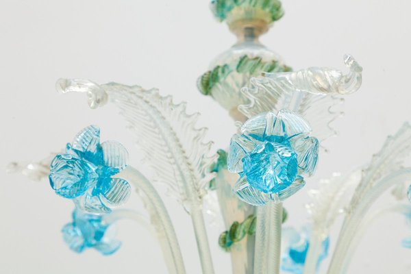 Italian Romantic Murano Blue Opal Glass Chandelier from Compagnia Di Venezia E Murano (C.V.M.), 1950s Italian Romantic Murano Blue Opal Glass Chandelier from Compagnia Di Venezia E Murano (C.V.M.), 1950s
