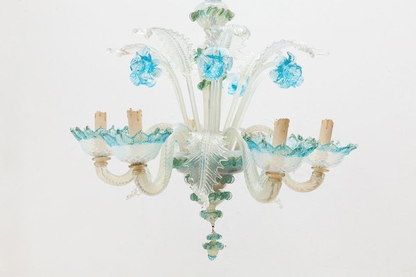 Italian Romantic Murano Blue Opal Glass Chandelier from Compagnia Di Venezia E Murano (C.V.M.), 1950s Italian Romantic Murano Blue Opal Glass Chandelier from Compagnia Di Venezia E Murano (C.V.M.), 1950s