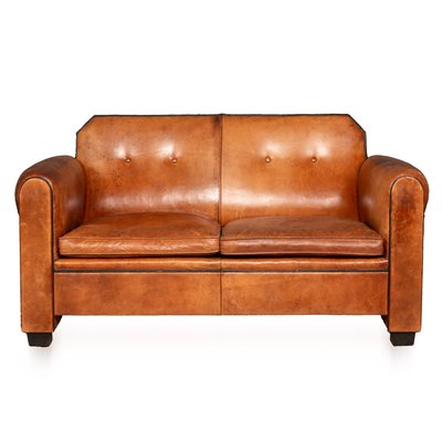 Vintage Dutch 2 Seater Tan Leather Sofa, Vintage Tan Leather Sofa Bed