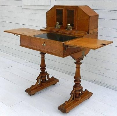 Antique Davenport Honey Oak Campaign Desk With Original Inkwells