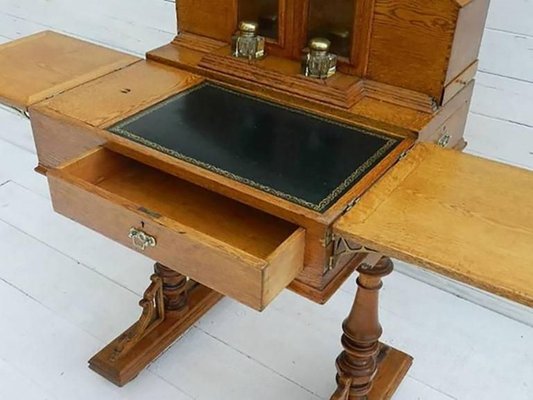 Antique Davenport Honey Oak Campaign Desk With Original Inkwells