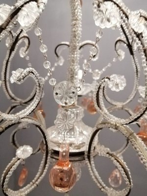 Pink Crystal Beaded Chandelier with Murano Glass Drops, 1940s Pink Crystal Beaded Chandelier with Murano Glass Drops, 1940s