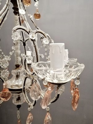 Pink Crystal Beaded Chandelier with Murano Glass Drops, 1940s Pink Crystal Beaded Chandelier with Murano Glass Drops, 1940s