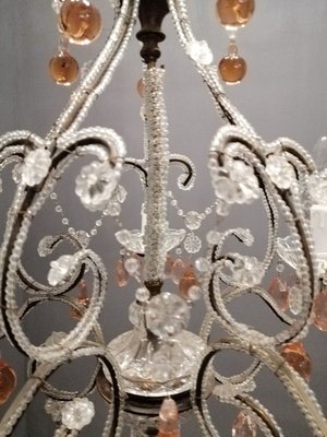 Pink Crystal Beaded Chandelier with Murano Glass Drops, 1940s Pink Crystal Beaded Chandelier with Murano Glass Drops, 1940s