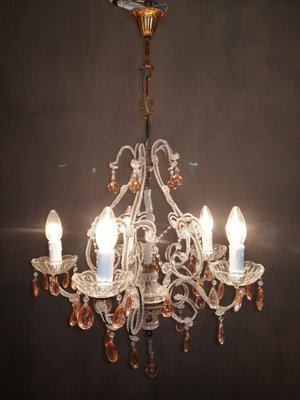 Pink Crystal Beaded Chandelier with Murano Glass Drops, 1940s Pink Crystal Beaded Chandelier with Murano Glass Drops, 1940s