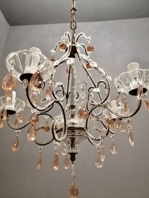 Pink Crystal Beaded Chandelier with Murano Glass Drops, 1940s Pink Crystal Beaded Chandelier with Murano Glass Drops, 1940s