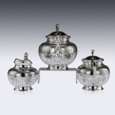 Antique Chinese Solid Silver Tea Set on Tray 1910s Set of 4 for