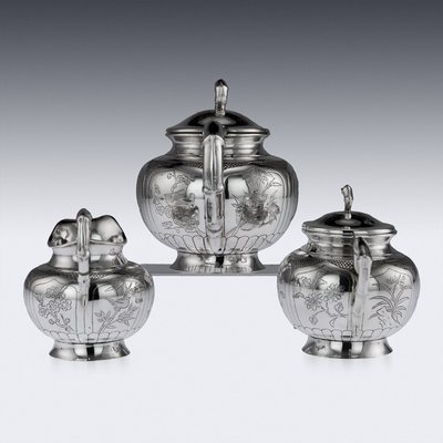 Antique Chinese Solid Silver Tea Set on Tray 1910s Set of 4