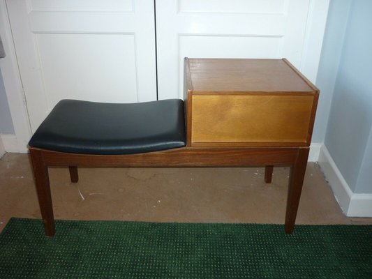 Vintage Teak Telephone Bench Unit with Vinyl Seat 1960s