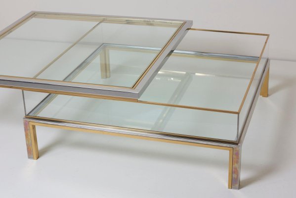 Coffee Table In Brass And Chrome, Maison Jansen Brass And Glass Coffee Table