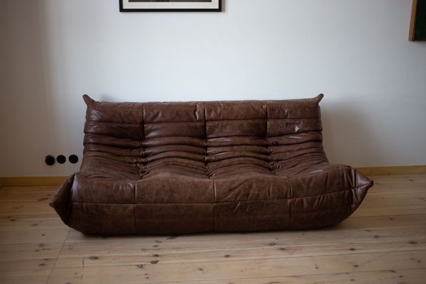 Vintage Brown Leather 3 Seat Togo Sofa, Old Brown Leather Couch