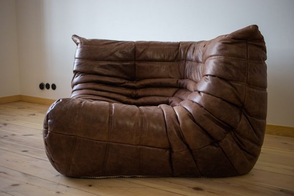 Vintage Brown Leather Togo Corner Sofa, Vintage Brown Leather Sofa