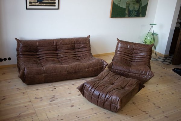 Vintage Brown Leather Togo Living Room Set By Michel Ducaroy For Vintage Brown Leather Togo Living Room