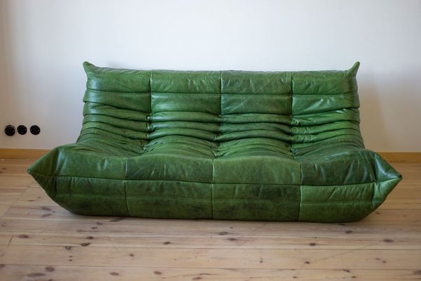 Vintage Green Leather 3 Seater Togo Sofa By Michel Ducaroy For 3 Seater Togo Sofa By Michel Ducaroy